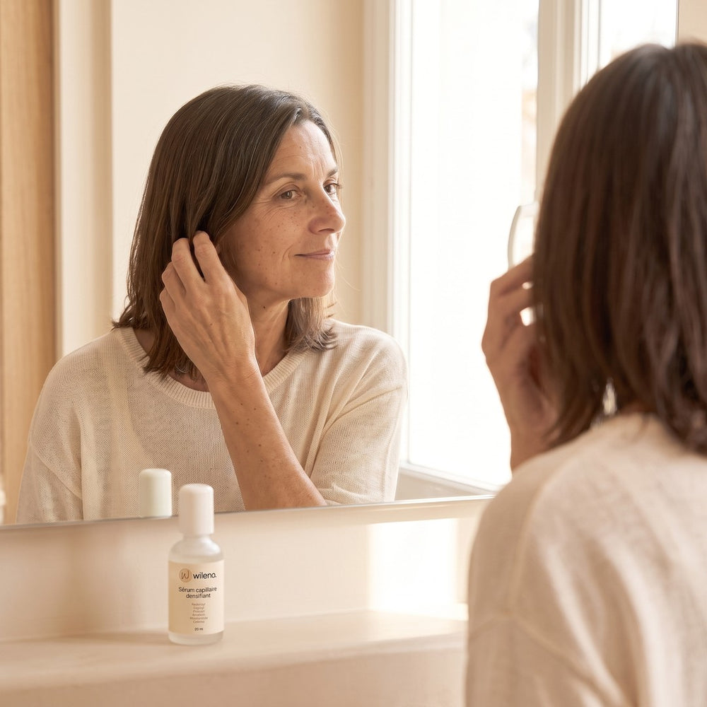 Femme de 50 ans qui regarde ses cheveux dans le miroir, le sérum Wileno sur le lavabo