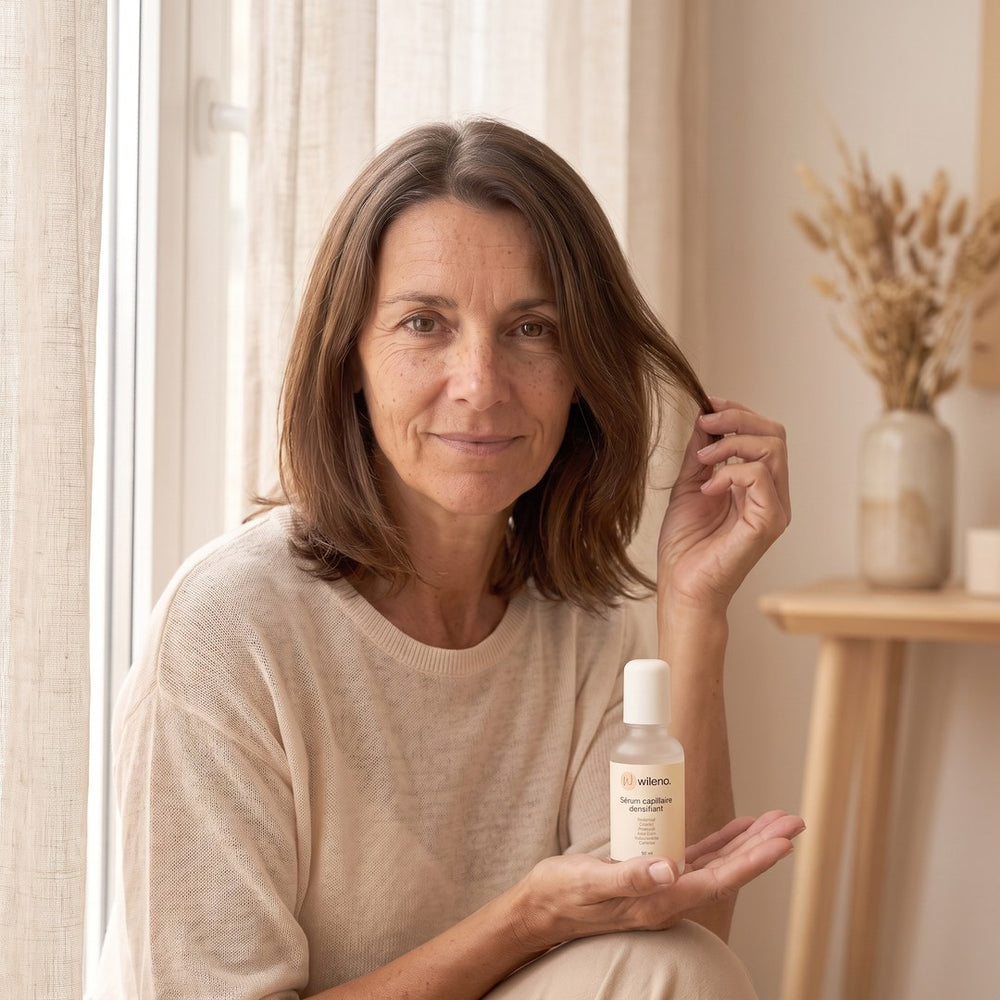 Femme qui tient le sérum capillaire densifiant Wileno près d'une fenêtre